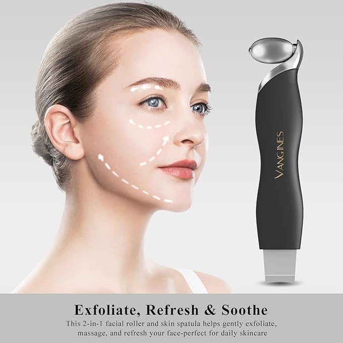 Blackhead Remover Tool with Ice Roller, Stainless Steel Face Scraper, Skin Scrubber Face Spatula for Deep Cleansing, 3-in-1 Skin Care Tool with 2 Silicone Brush Heads (Charcoal Black)