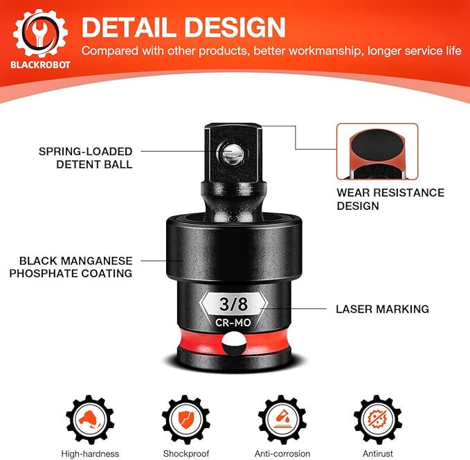 BLACKROBOT 3/8" Drive Impact Universal Joint Set, CR-MO Swivel Socket Adapter for Automotive & Motorcycle Repair, Flexibly Reach Tight-Angle Fasteners