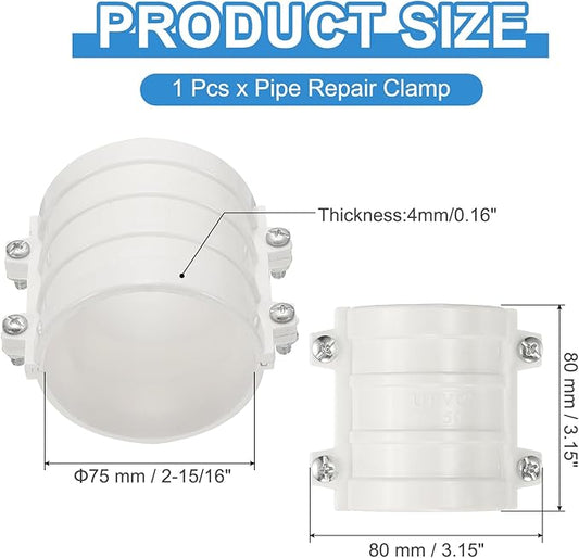 PATIKIL 2-15/16" Water Pipe Repair Clamp PVC Leak Sealer for OD 75mm PE/PPR/Pipes and Plumbing (Length 3.1 Inch), White