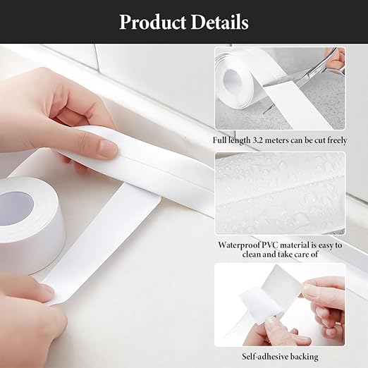 Caulk Tape - 2 Rolls (1.5" x 10.5Ft) Self-Adhesive Waterproof Sealant Tape - Peel & Stick Gap Cover for Toilet, Bathtub, Sink, Shower, Countertop - Includes Sealing Tool (Clear)