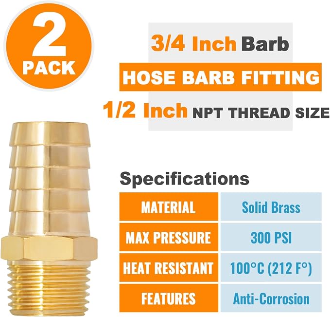 SUNGATOR Hose Barb Fittings 3/4 Inch Barb × 1/2 Inch NPT, Brass Air Hose Fittings, 3/4" to 1/2" NPT Male Air Line Repair Connector Kit, Brass Male Thread Pipe Adapter (2 Pack)