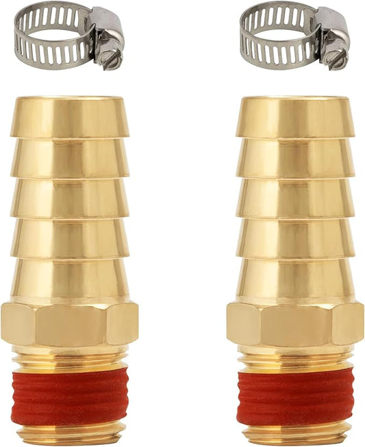 SUNGATOR 2-Pack 1/2" Barb to 1/4" NPT Air Hose Fittings, Brass Air Hose Repair Kit with Sealant, 1/2" to 1/4" NPT Male Brass Fittings, Barbed Gas Line Repair Connectors with 2 Clamps
