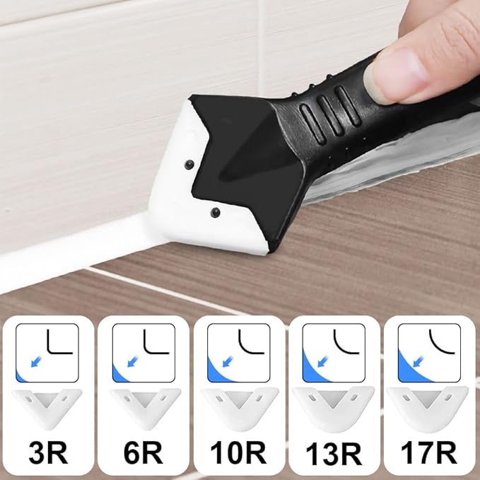 Multifunction Caulking Tool Kit - 9-in-1 Glue Remover Knife, Silicone Scraper with 5 Replaceable Pads for Corner, Angle, Crevice, Grout & Beauty Spatula Sealant Finishing Tool