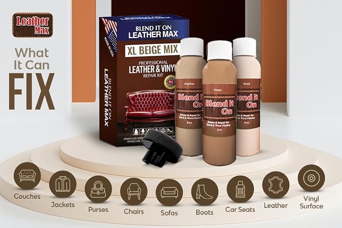 Blend It On XL Leather/Vinyl Repair Kit Now with 6 Ounces for Furniture, Jacket, Sofa, Car Seat, Boots, Easy Instructions to Match Colors, Restore Any Material No Mixing Chart Needed (Beige Mix)