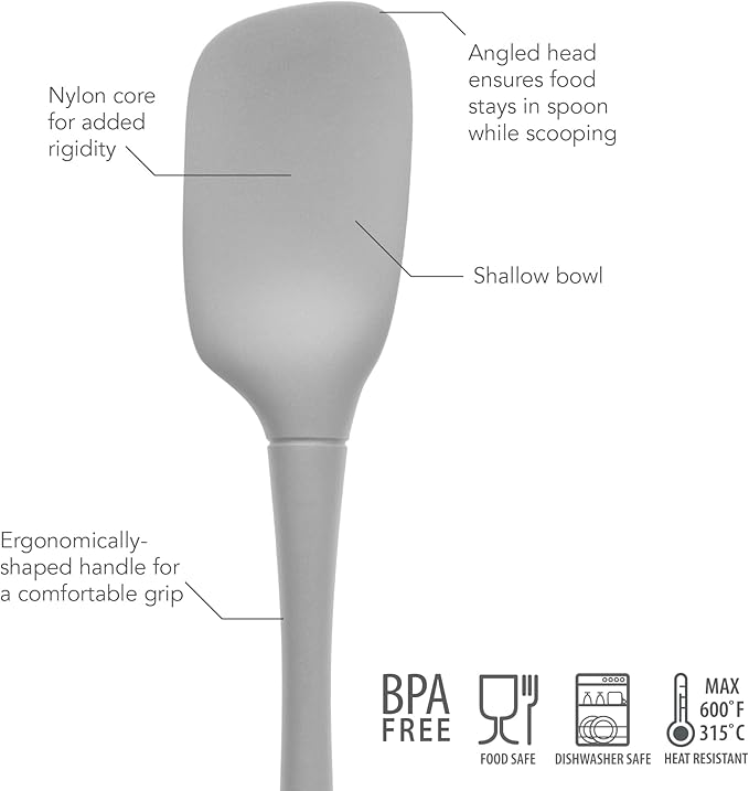 Tovolo Spoon Spatula Spoonula All Silicone Ergonomic Handle Grip Oyster Gray, Silicone Spoopula Kitchen Utensil Non Scratch Easy Clean Dishwasher Safe Heat Resistant Flex Core Scoop Spatula