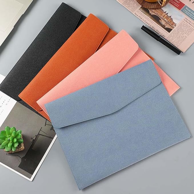 A4 PU Leather File Holder Document Folder Pink Thin Waterproof Portfolio Filing Envelope Oragnizer Pocket Storage Case with Snap Closure for Receipt Contract Stationery Tablet