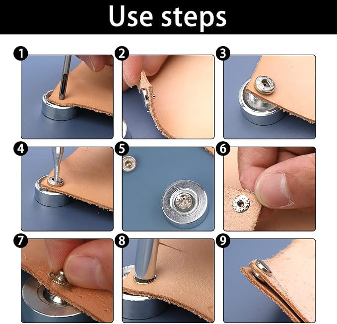 TLKKUE 50 Sets Leather Snap Fasteners Kit 10mm Silver Metal Snap Buttons kit Stainless Steel with 4pcs Snap Fastener Installation Tools for Sewing Clothing, Bracelets, Jackets, Bags Belt, DIY Crafts