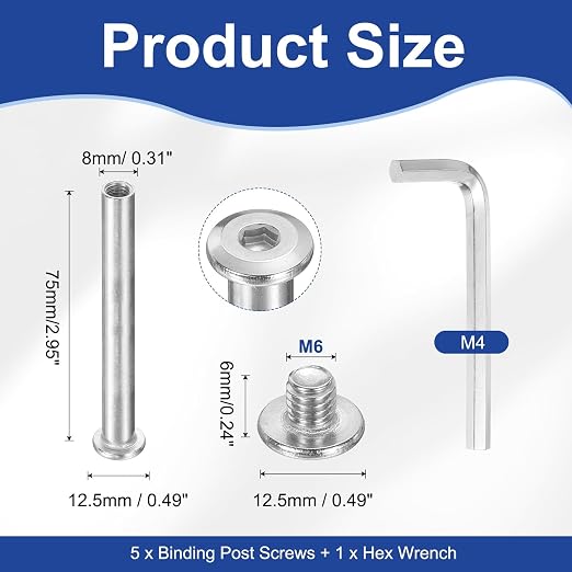 PATIKIL M6x6mm Hex Chicago Screws 8x75mm, 5Pcs 304 Stainless Steel Metric Hex Drive Socket Cap Binding Post Screw Posts for Scrapbook Leather Belt Album Furniture Repair, Silver