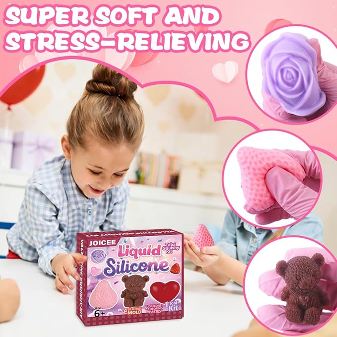 JOICEE Valentines Day Taba Squishy Kit, DIY Valentine Crafts Kit 18OZ 1:1 AB Liquid Silicone with 3D Mold for Make Your Own FuFu Squishies Kits Valentines Day Party Favors Stress Relief Toys Gifts
