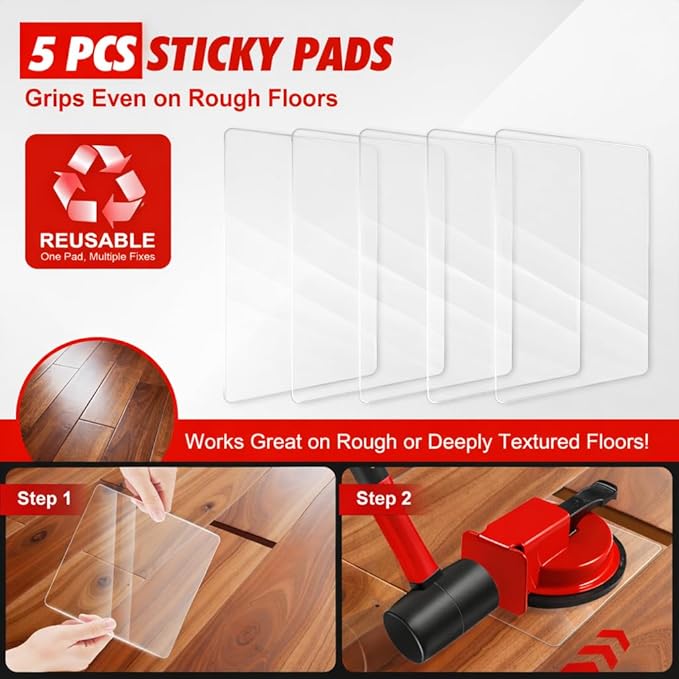 Floor Gap Fixer Tool with Rubber Mallet, Iron Body & Strong Suction Cup, Includes 5 Sticky Pads for Laminate, Vinyl, Wood & Tile Flooring Installation and Repair