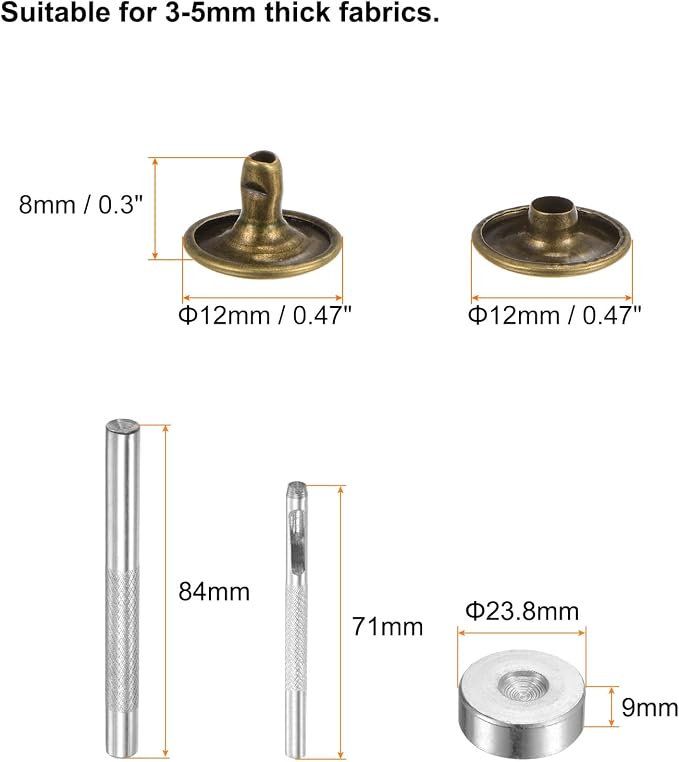 HARFINGTON 100 Sets Leather Rivets 8 x 12mm Metal Double Cap Rivet Snaps Studs Fasteners with 3pcs Setting Tools for Leather Craft DIY Repair Decoration, Bronze