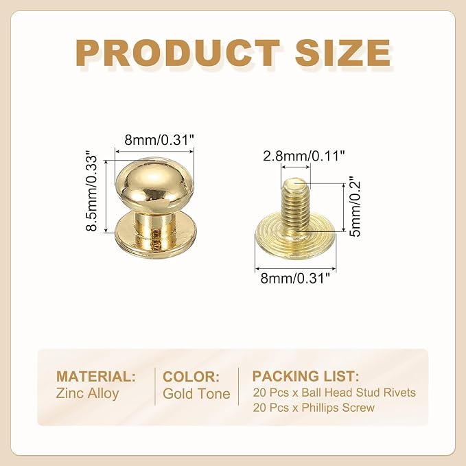 PATIKIL 8 mm Leather Rivets, 20 Sets Ball Head Stud Screw Back Round Head Button Chicago Screw Nipple Stud Rivet for Leather DIY Craft Handbag Belt Repairs, Gold Tone