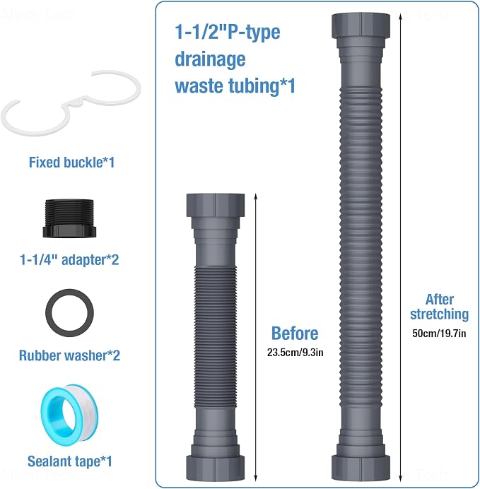 NiHome Flexible P-Trap Drain Kit for Single Kitchen Sink, Universal 1-1/2" or 1-1/4" Wastewater Drainage Tubing with Sealing Tape, Expandable Sink Waste Discharge Pipe Kit for Garbage Disposal (Grey)