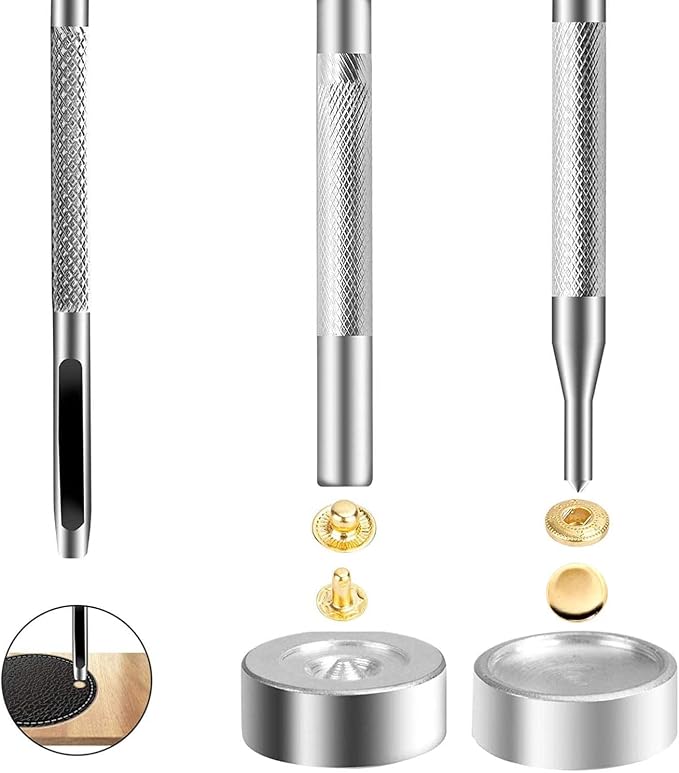 BetterJonny 24 Sets Heavy Duty Leather Snap Fasteners Kit, 17mm Metal Snap Buttons Press Studs Leather Rivets Snaps with 4 Setter Tools for Clothes Bracelet Jackets Jeans (Gold)