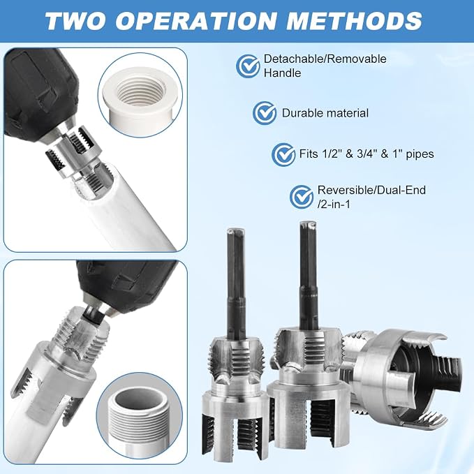3Pcs Pipe Threading Tool,PVC Pipe Threader Kit,Dual-Function Internal & External Pipes Threading Tool for 1/2",3/4",1" Plastic Pipes,with 2 rolls PTFE Tape & 1 pair Gloves,for Home Repair
