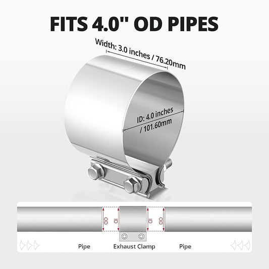 EVIL ENERGY 4.0 Inch Exhaust Clamp, Butt Joint Band Clamp Sleeve Coupler Stainless Steel for Pipes, Mufflers, Catalytic Converters 2Pcs