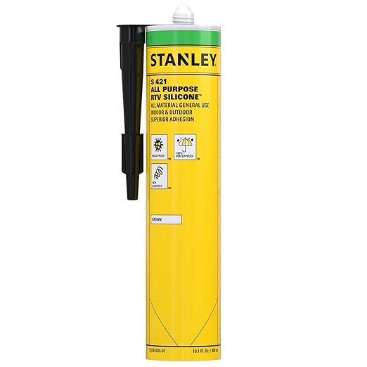 Stanley S421 All-Purpose RTV Silicone Sealant (1 x 10.1 fl.oz.) – 100% Waterproof Brown Caulk | Industrial-Grade Silicone for Kitchen, Bathroom, Shower, Window, Door, Indoor & Outdoor Use | 1 Pack