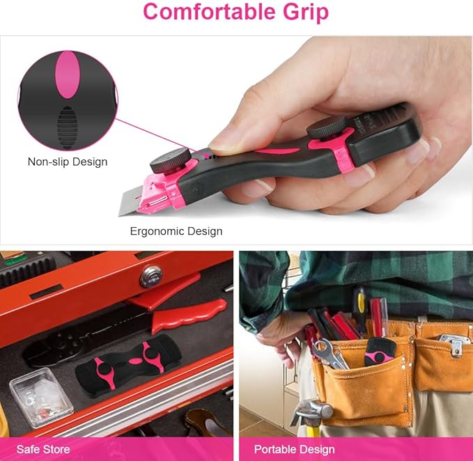Ainiv Razor Blade Scraper, 2-in-1 Scraper Tool with 10PCS Metal Blades and 10PCS Plastic Blades, Multi-funtional Cleaning Razor Scraper for Decals, Stickers, Labels, Caulk, Adhesive Removal(Pink)