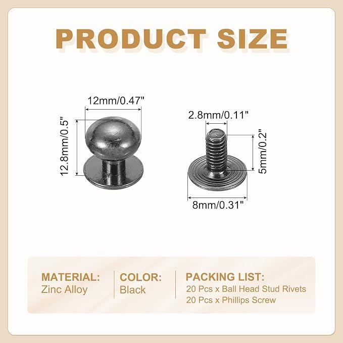 PATIKIL 12 mm Leather Rivets, 20 Sets Ball Head Stud Screw Back Round Head Button Chicago Screw Nipple Stud Rivet for Leather DIY Craft Handbag Belt Repairs, Black