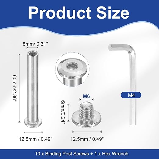 PATIKIL M6x6mm Hex Chicago Screws 8x60mm, 10Pcs 304 Stainless Steel Metric Hex Drive Socket Cap Binding Post Screw Posts for Scrapbook Leather Belt Album Furniture Repair, Silver