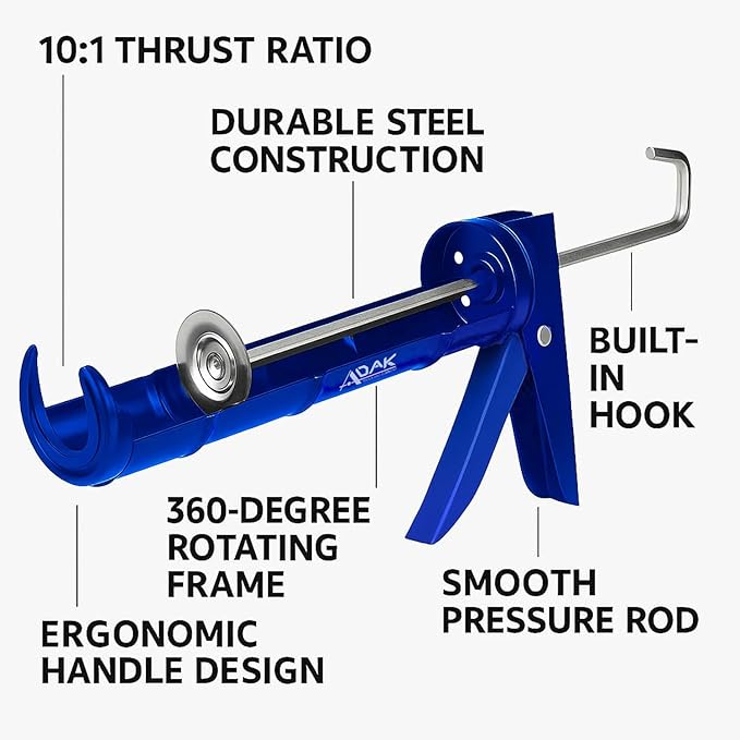 ADAK - Professional Caulking Gun, 10:1 Thrust Ratio, Caulking Gun No Drip, Hand Tool for Silicone & Sealant Application, Smooth Pressure Caulk Gun, Caulking Gun Tool (Blue)