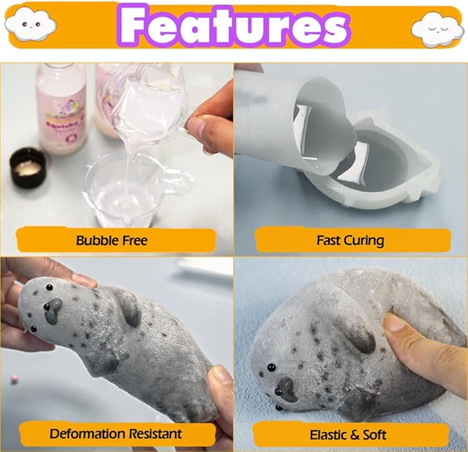 Taba Squishy Kit Seal Silicone Mold 4''+Liquid Gel+Flocking Cute Animal Maker Set
