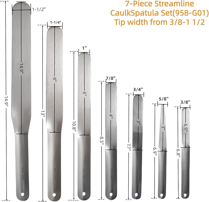 958-G01 Caulking Spatula Tool Set 7-Piece Stainless Steel Caulk Tool Kit, 3/8" to 1-1/2" Multiple Spatula Widths,for Bathtub/Tile/Countertop Caulk Trimming