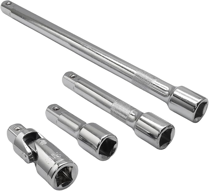 4 Pcs 1/2 Inch Socket Extension Set, CR-V Ratchet Extension Set Include 3, 6, 10 Inch Bars and 1/2" Universal Joint Socket for Ratchets and Torque Wrenches, Ideal for Repair, DIY