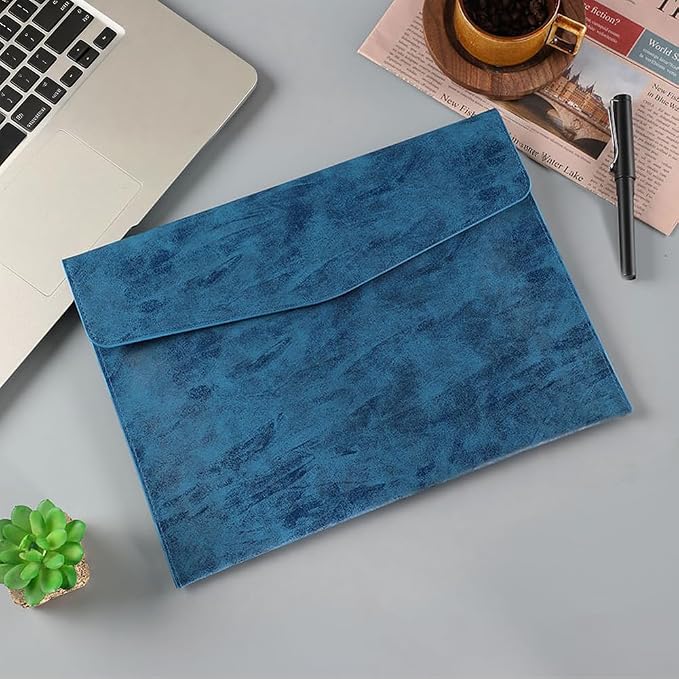 A4 PU Leather Portfolio Filing Envelope Oragnizer Thin Waterproof File Holder Document Folder with Snap Closure Pocket Letter Receipt Storage Case for Contract Stationery Tablet(Blue)