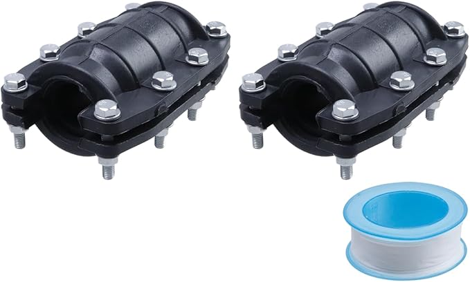 2 Pcs 1 inch Pipe Repair Clamp Leak Sealer, Emergency Pipe Repair Kit, Fitting for PE/PVC Pipe Repair, Steel Pipes, Iron Pipes, 1 15mm Roll of Raw Material Tape of Length 6 Meters