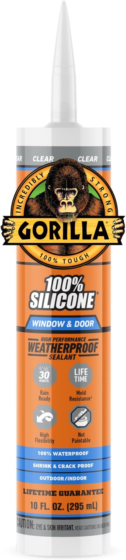 Gorilla 100% Silicone Sealant Caulk Window & Door, 10 Ounce Cartridge, Clear