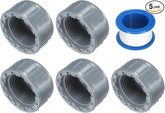 uxcell 5Pcs 1 Inch PT Female Thread PVC Pipe Fitting Cap, Cleanout Water Drain End Caps, Pipe Plug Socket Fittings with Tape for Water Heater Supply Lines, Plumbing, Gray