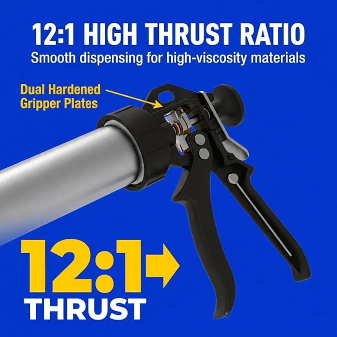 Heavy Duty Caulking Gun | 12:1 Manual Caulk Gun | 20oz Sausage Foil Pack Cartridges 600ml | No Drip Dripless Professional Calking for Painters, DIYers, Automotive, Contractors