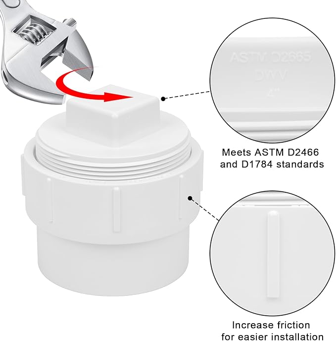 4" PVC Sewer Cleanout Adapter with Plug Pipe Fitting SCH40 PVC DWV Flush Female Sewer Cleanout Cap Cover for Drainage Piping System, Outdoor Garden, RV