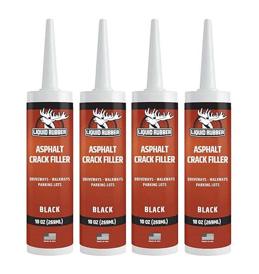 Liquid Rubber Asphalt Crack Filler - Professional-Grade Self-Leveling Waterproof Sealant for Driveway, Parking Lot & Walkway Cracks - Black 10oz - Helps Stop Water Intrusion & UV Damage - 4 Pack