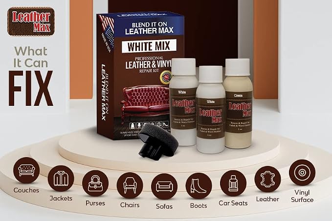 Leather Max Quick Blend Refinish and Repair Kit White, Restore Couches, Recolor Furniture & Repair Car Seats, Jackets, Sofa, Boots 3 Color Shades to Blend with/Leather Vinyl and More (White Mix)