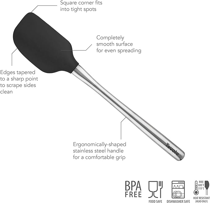 Tovolo Flex-Core Silicone Spatula Metal Handle for Scraping Bowls Mixing and Baking, Dishwasher Safe Heat Resistant Stainless Steel Silicone Spatula for Cast Iron and Nonstick Cookware, Black