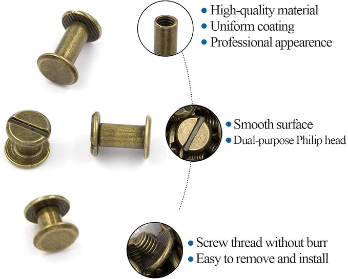 75 Sets Bronze Chicago Screws Assorted Kit 3 Sizes Leather Rivets 1/4 3/8 1/2 Screw Rivets Flat Fillister Book BindingPosts Nail Rivet Chicago Bolts for DIY Leather Craft (M5*6,10,12)