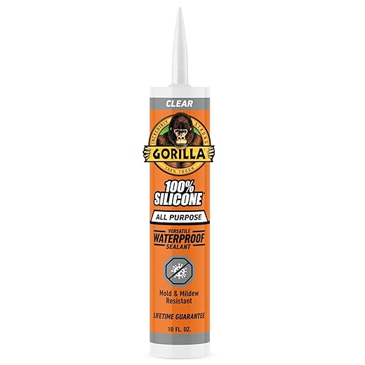 Gorilla 100% Silicone Waterproof Caulk, All‑Purpose Sealant, Mold & Mildew Resistant, Flexible Seal, Clear, 10 oz Cartridge (Pack of 1)