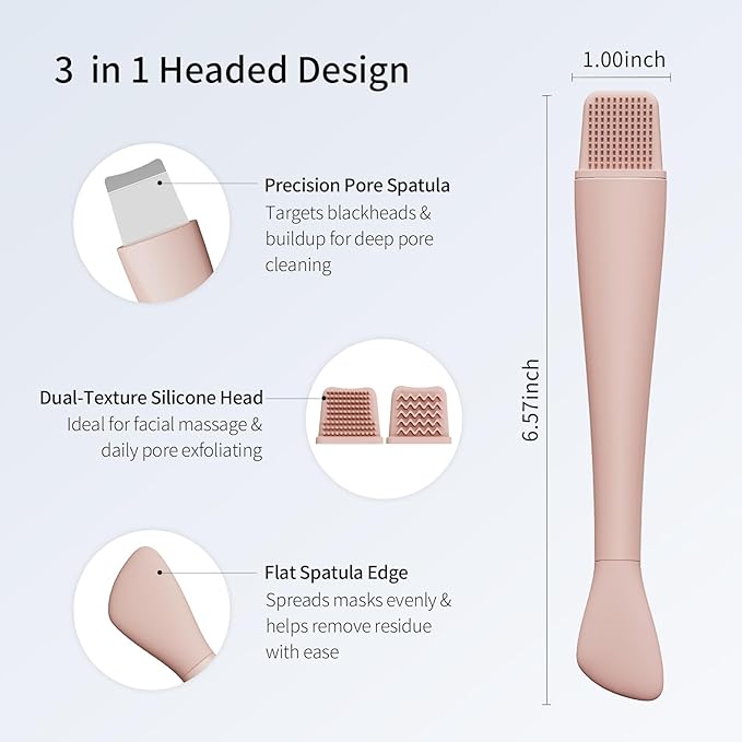 Blackhead Remover Tool, Stainless Steel Face Scraper, Skin Scrubber Face Spatula for Deep Cleansing, 3-in-1 Skin Care Tool with Blackhead Scraper, Mask Applicator & 2 Silicone Heads (Pink)