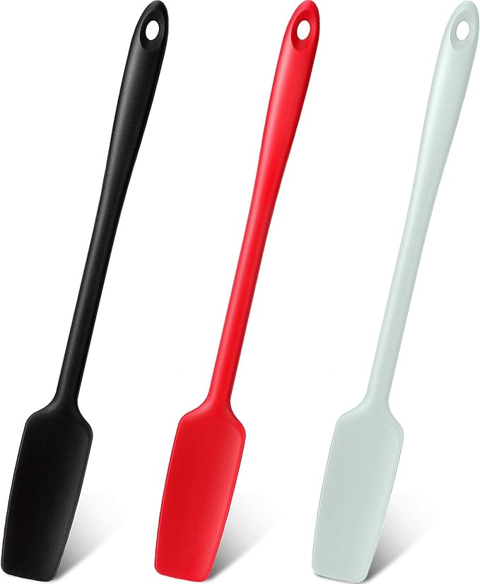 Patelai 3 Pieces Silicone Jar Spatula Long Handle Rubber Spatula Heat Resistant Non-Stick Silicone Scraper Kitchen with Stainless Steel Core for Baking(Red, Black, Light Green)