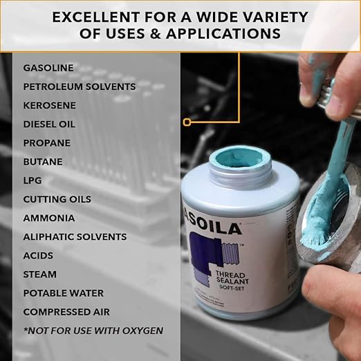 Gasoila Soft-Set Pipe Thread Sealant – Non-Hardening Paste for Metal & Plastic, 1 Pint with Brush Cap – Reliable Leak Prevention, Drip-Resistant, Temp Range -100 to 600°F, Made in USA