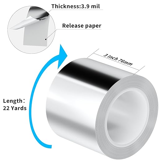 Aluminum Foil Tape Heavy Duty 3 Inch x 22 Yards（3.9 mil）, High Temp Waterproof HVAC Tape, Silver Insulation Adhesive for Ductwork, Sealing, Dryer Vent, Furnace, AC, Pipe Repair
