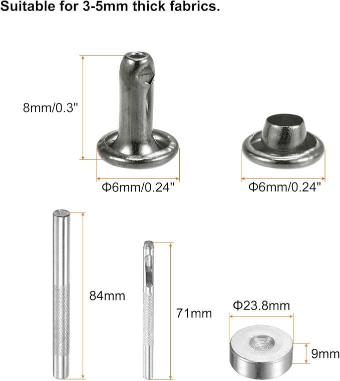 HARFINGTON 100 Sets Leather Rivets 8 x 6mm Metal Double Cap Rivet Snaps Studs Fasteners with 3pcs Setting Tools Rivets for Leather Craft DIY Repair Decoration, Gunmetal