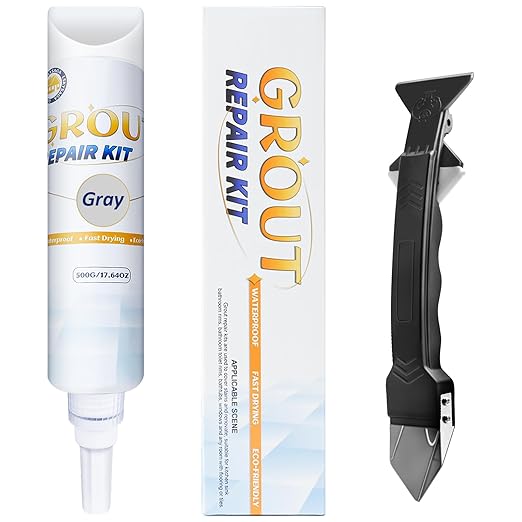 Tile Grout Repair Kit - Grout Filler, Grout Repair Paste with Silicone Trowel Scraper, Fast Drying Grout Repair Kit for Bathroom Shower Kitchen Floor Tile, Waterproof (17.64 oz, Gray)