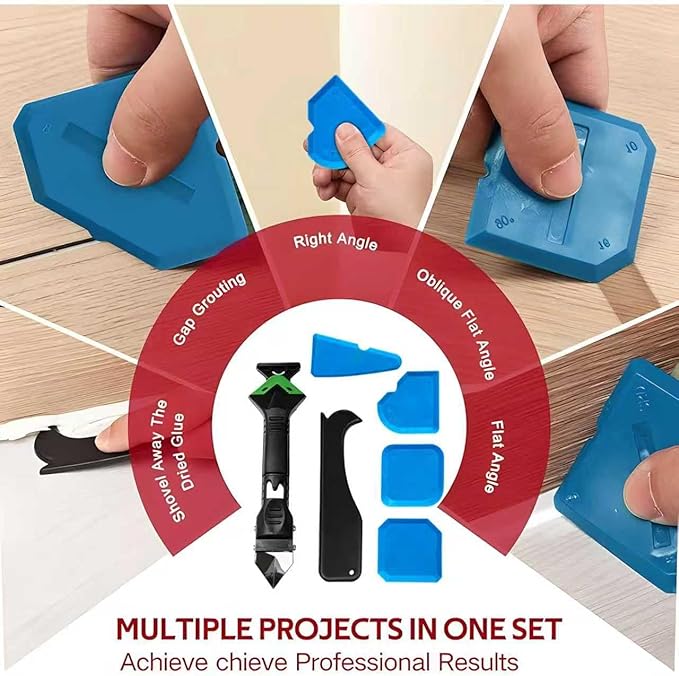 5-in-1 Caulking Tool Kit – Silicone Caulk Finisher, Remover & Grout Scraper with 5 Interchangeable Pads – Sealant Smoothing, Adhesive Removal for Kitchen, Bathroom, Windows, Tiles