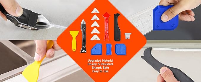 Stainless Silicone Caulking Tools Kit,Set of 13pcs Sealant Finishing Tool Grout Scraper,Putty Knives,5 Silicone Pads,Sink Joint Caulk Remover with 3pcs Glass Glue Angle Scraper