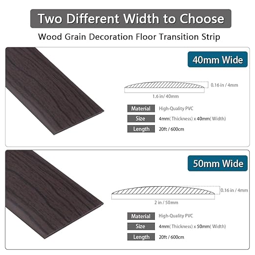 Floor Transition Strip 2" Self Adhesive Flat Vinyl Flooring Transitions Strip with Strong Backing Wood Grain 5cm, 20FT, Dark Walnut