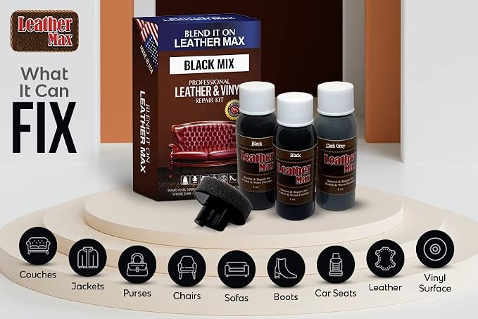 Blend It On Leater Max Black Mix Leather Repair Kit for Couches - Vinyl & Upholstery Repair Kit for Car Seats, Sofa & Furniture - Liquid Scratch Filler Formula Repairs Couch Tears & Burn
