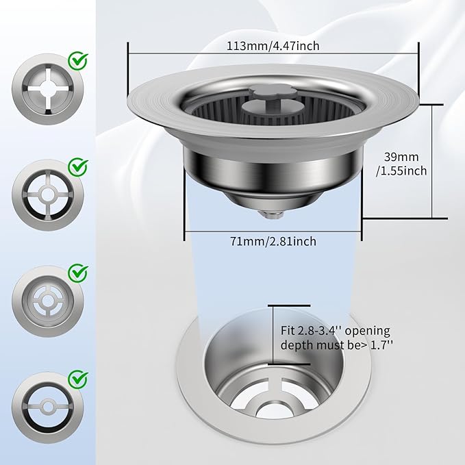 Widened 3 in 1 Kitchen Sink Drain Strainer & Stopper Kit, 304 Stainless Steel Pop Up Kitchen Sink Stopper with Extra Strainer Basket, Fast Drainage Kitchen Sink Plug for US Standard 3-1/2 Inch Drain